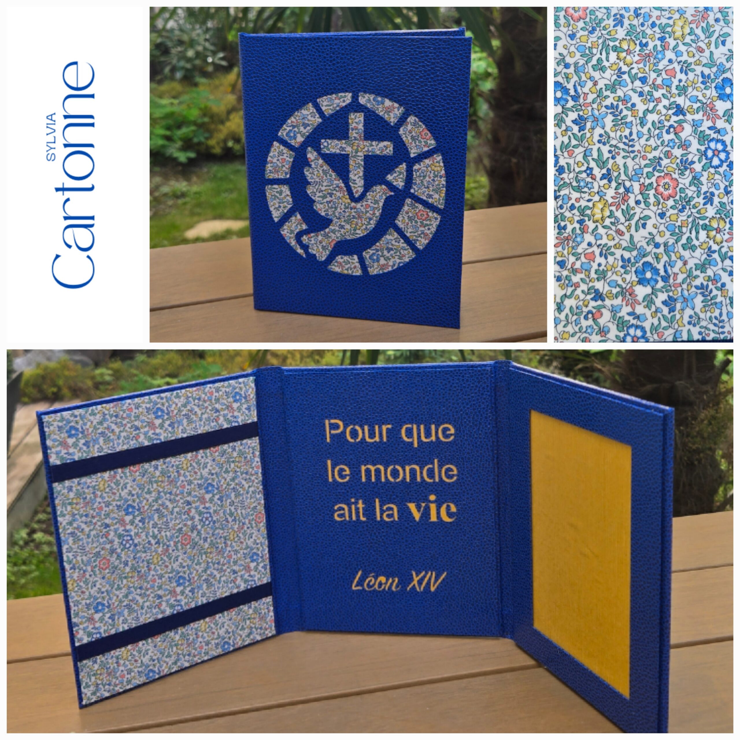 Oratoire triptyque Vitrail Colombe Bleu